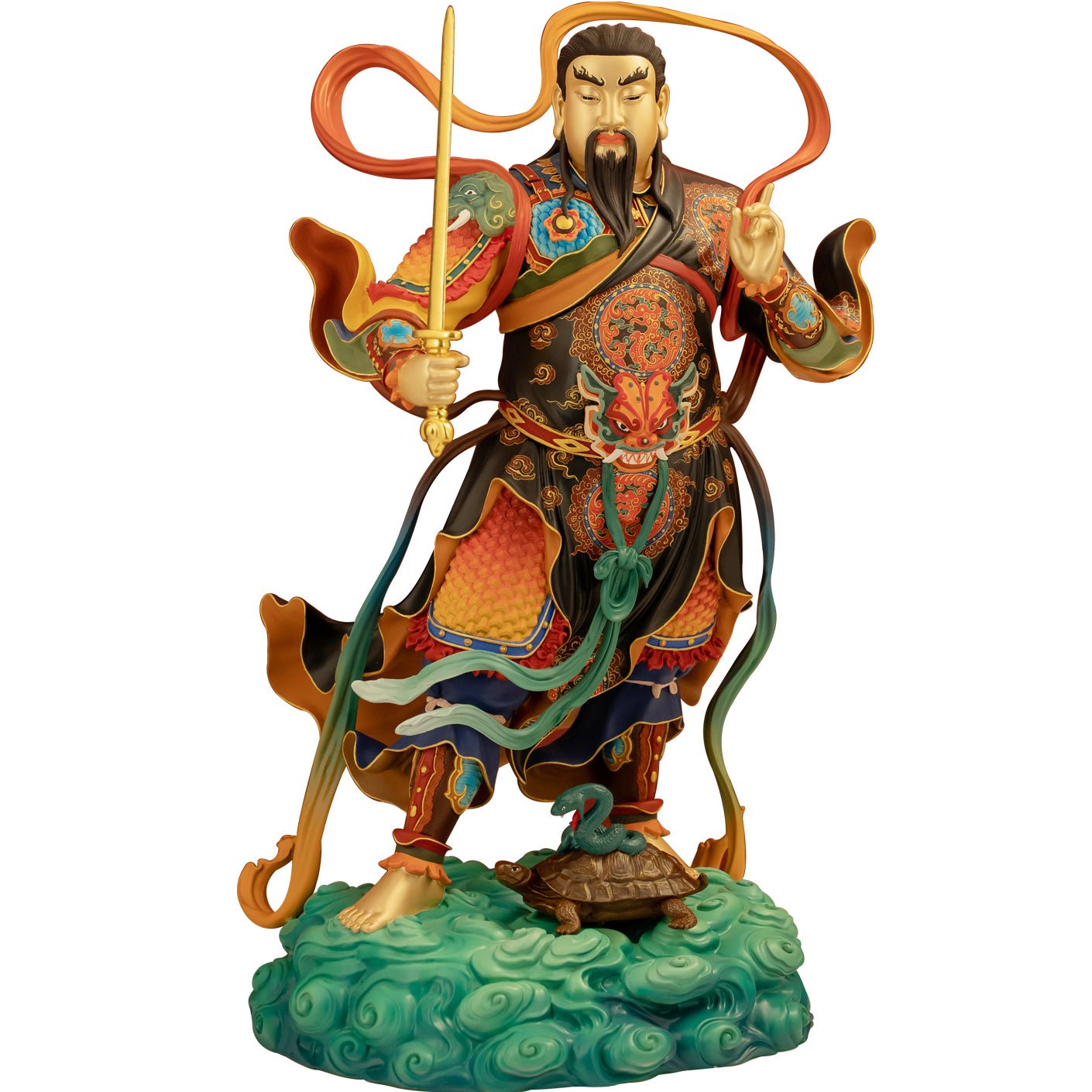 Zhenwu Dadi statue in dynamic pose, Taoist deity brass figurine