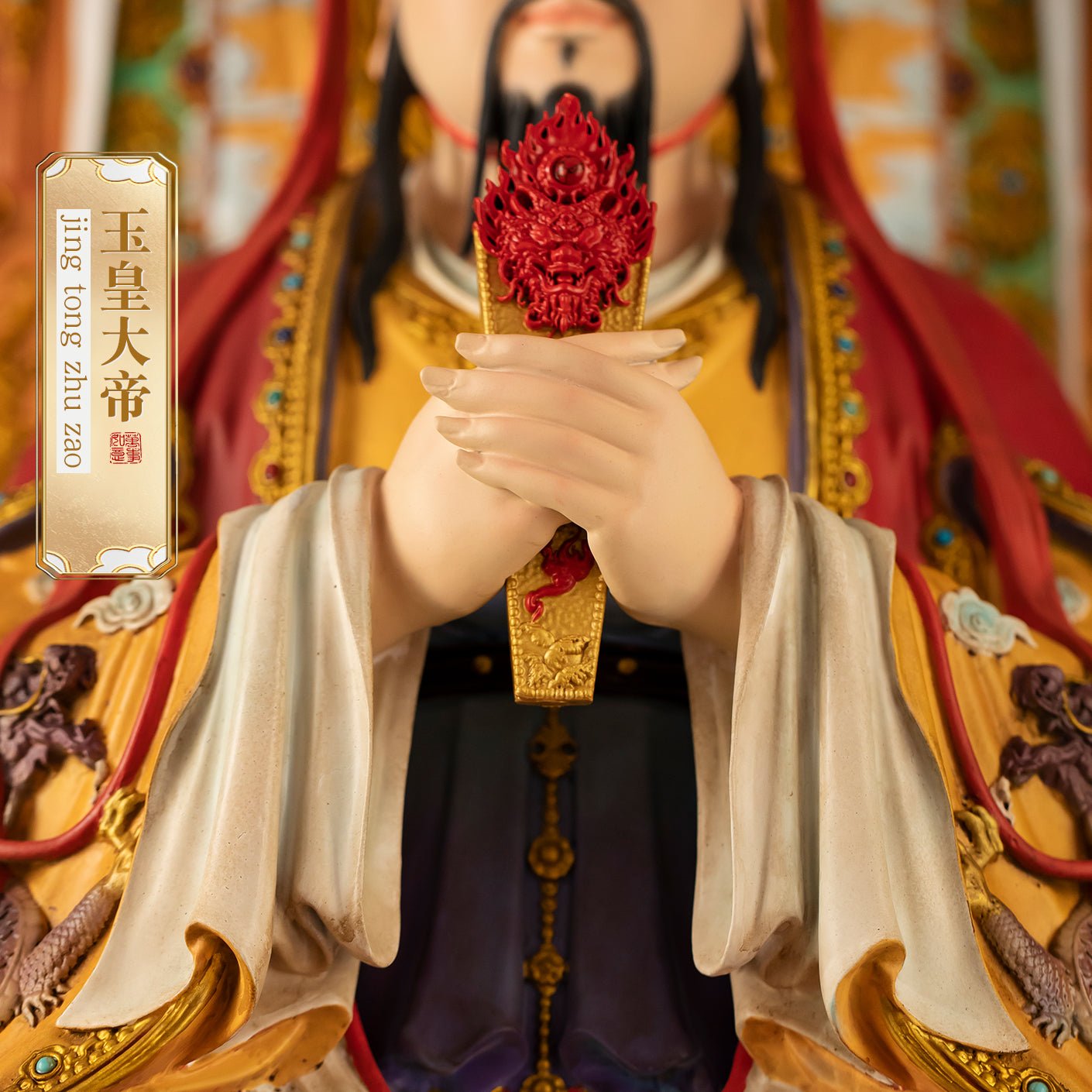 Brass Jade Emperor statue, holding divine artifact, enamel details