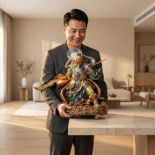 Guan Yu Bronze Statue - Blue-Gold Dragon Crescent Blade God of War Statue