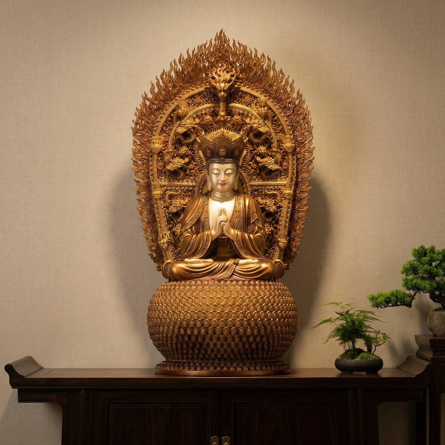 Handcrafted hollow brass Buddha Vairocana statue, Buddhist sacred art, Tongzao Buddha