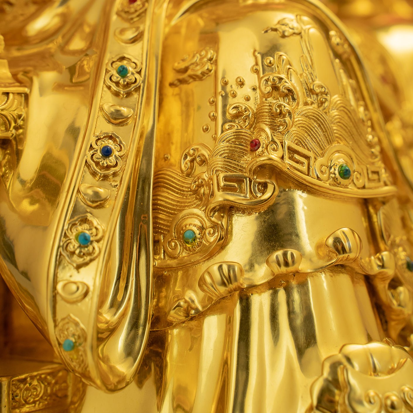 Fine Carving & Enamel Details on Golden Caishen Wealth Statue