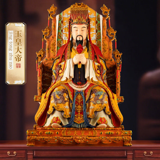 Handcrafted brass Jade Emperor statue, Taoist deity, enamel finish