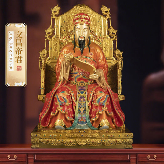 Brass Wen Chang Di Jun statue, God of Literature, enamel finish