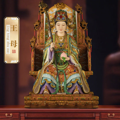 Brass Queen Mother of the West Statue, Enamel Finish, Taoist Goddess Figurine