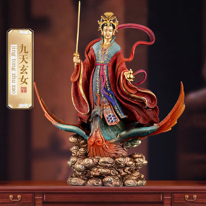 Handcrafted brass Jiu Tian Xuan Nü statue, Taoist goddess, enamel finish