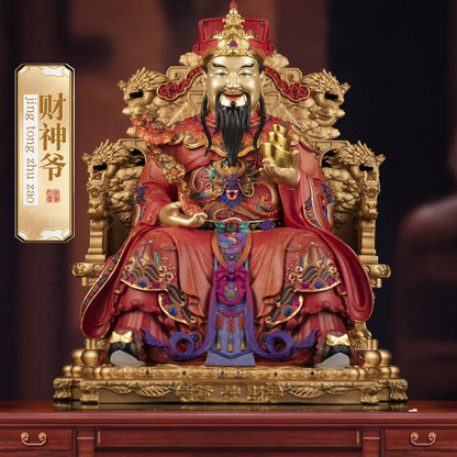 Handcrafted brass Wen Caishen statue, God of Wealth, red enamel finish