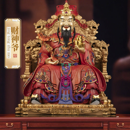 Handcrafted brass Wen Caishen statue, God of Wealth, red enamel finish
