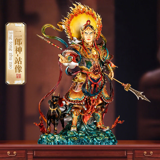 Handcrafted brass Erlang Shen statue, Taoist deity, enamel finish