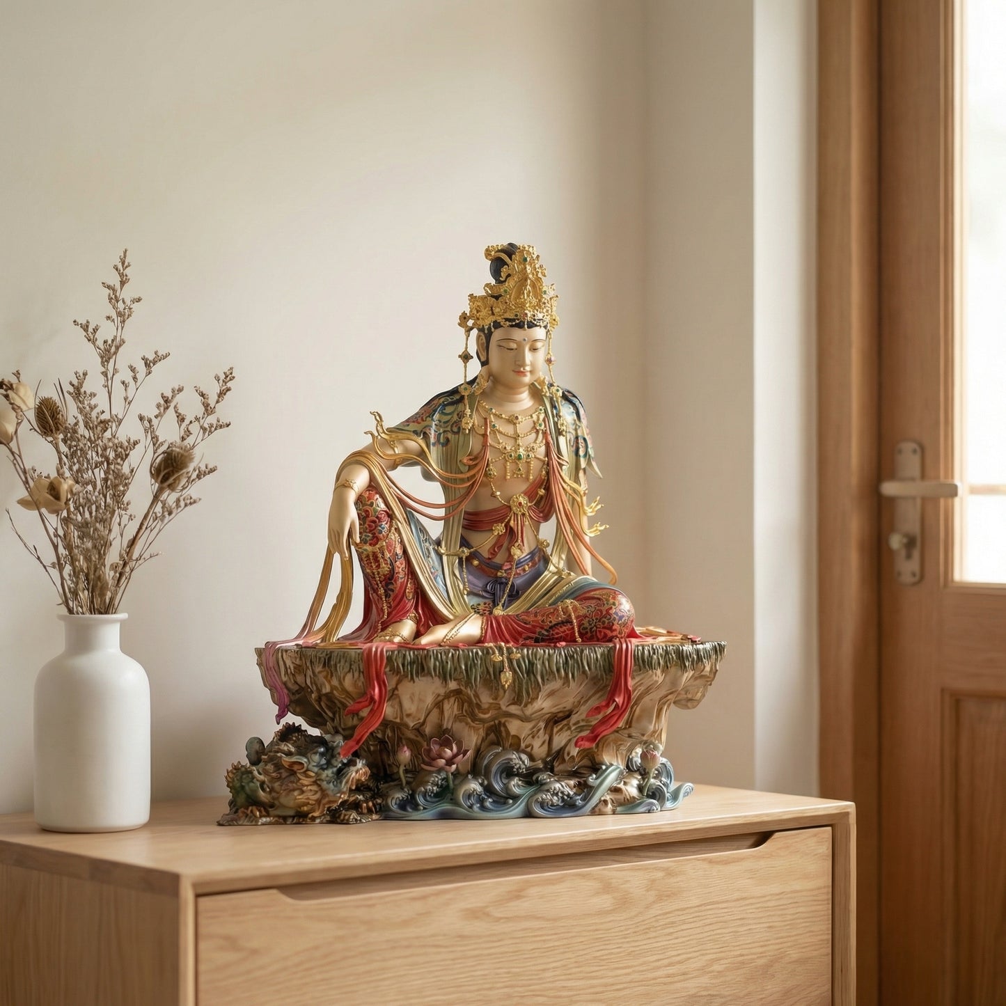 Brass Enamel Colored Water-Moon Guanyin (Shuiyue Guanyin) Statue