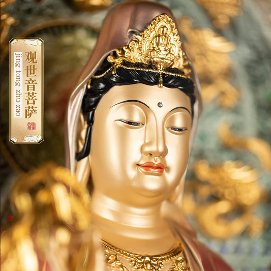 19 inch brass Guan Yin statue, serene expression, enamel finish