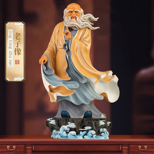 Brass Laozi statue, Taoist sage, enamel finish, serene expression