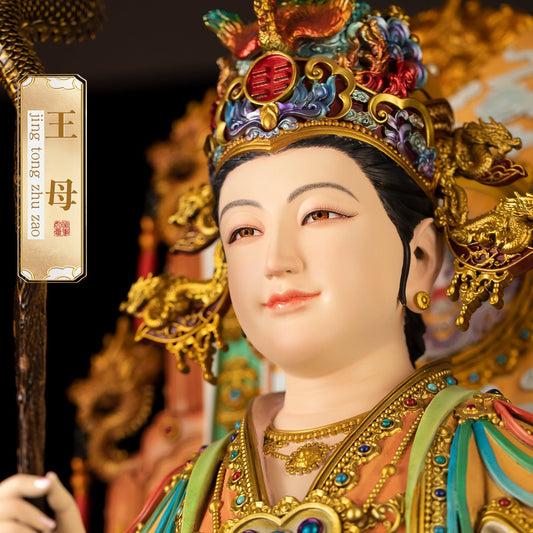 Brass Queen Mother of the West Statue, Enamel Finish, Taoist Goddess Figurine