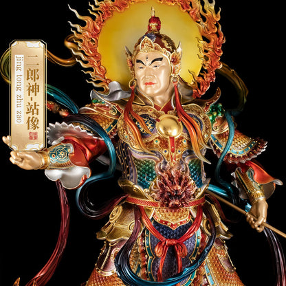 Close-up of brass Erlang Shen statue, detailed face and third eye