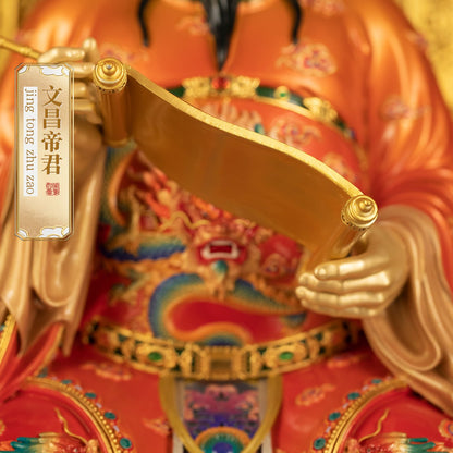 Brass Wen Chang statue, holding scroll, symbol of academic success