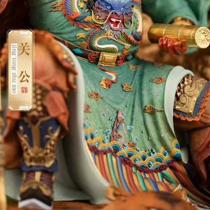 Brass Guan Yu statue, intricate enamel robe and armor details