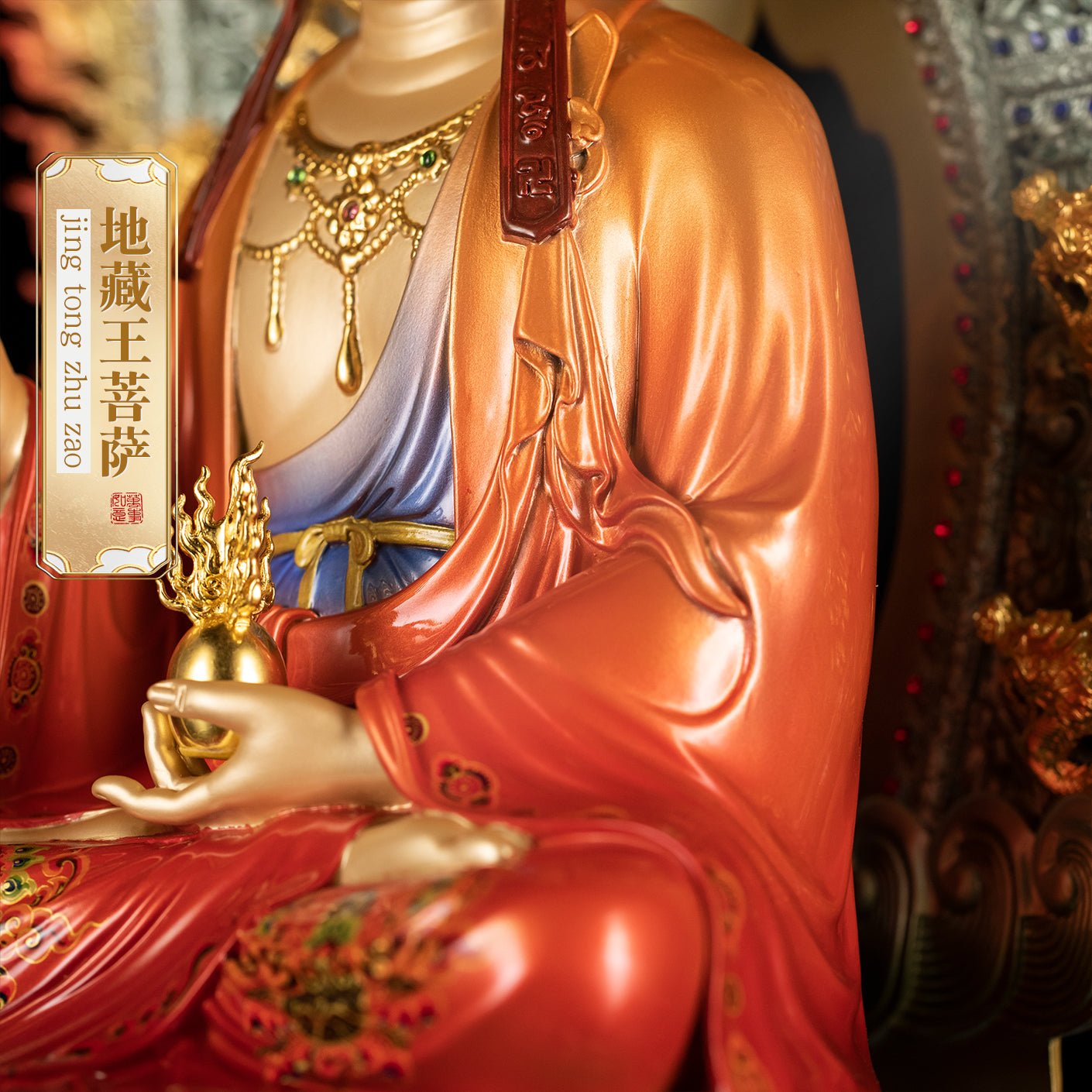 Brass Ksitigarbha statue, holding staff, detailed enamel robe
