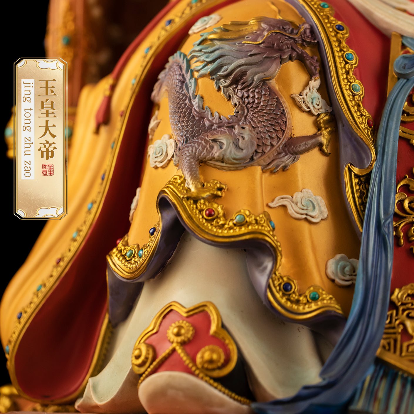 Brass Jade Emperor statue with intricate enamel robe patterns