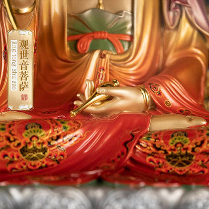 Guan Yin brass statue, close-up of hands holding vase, enamel finish