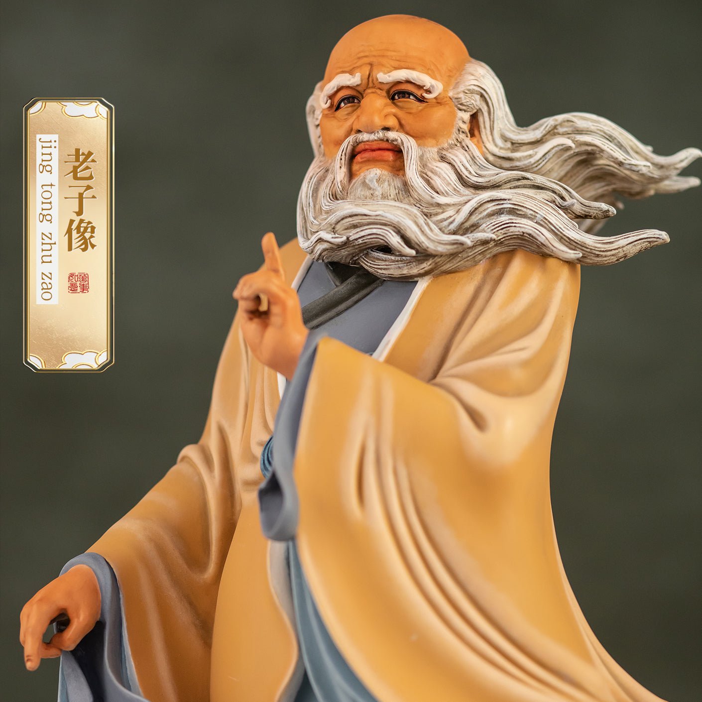 Close-up of Laozi statue, detailed face and flowing beard