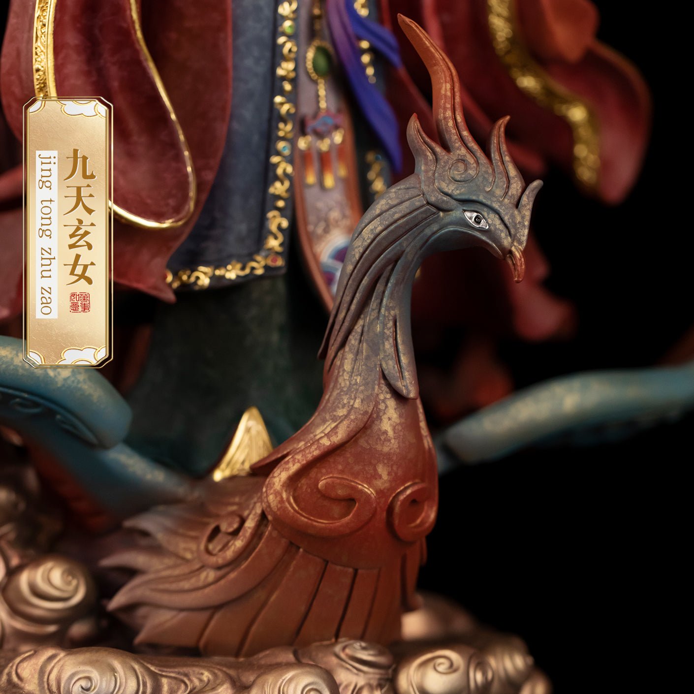 Handcrafted brass Jiu Tian Xuan Nü statue with dragon motif