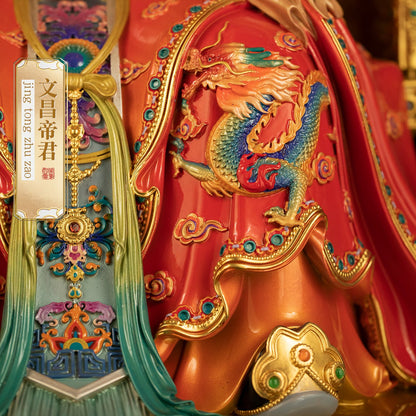 Enameled brass Wen Chang statue, intricate dragon-patterned robe
