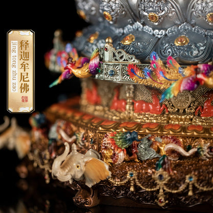 Enameled brass Buddha statue base, intricate traditional carvings