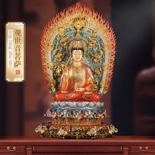 Handcrafted brass Guan Yin Bodhisattva statue with halo and enamel details