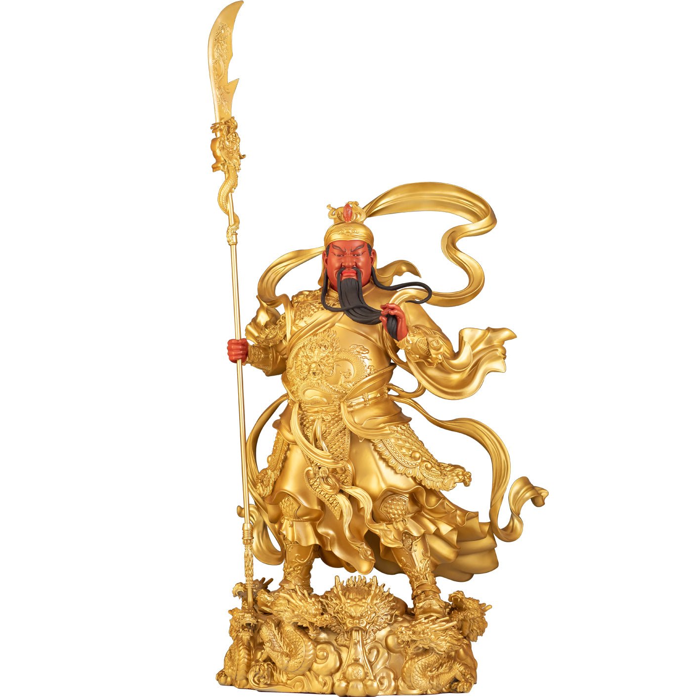 Guan Gong brass statue, holding guan dao, symbol of loyalty and courage