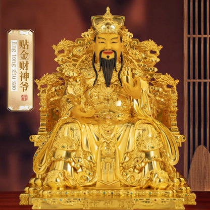 Golden Caishen God of Wealth Statue, Hollow Brass with Enamel Details