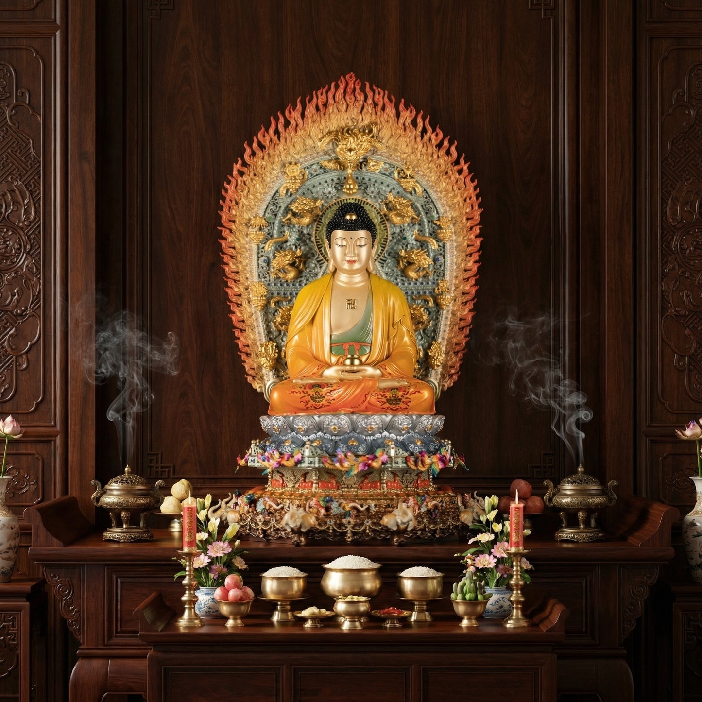 Patung Buddha Sakyamuni dipersembahkan di atas meja ibadah rumah tradisional