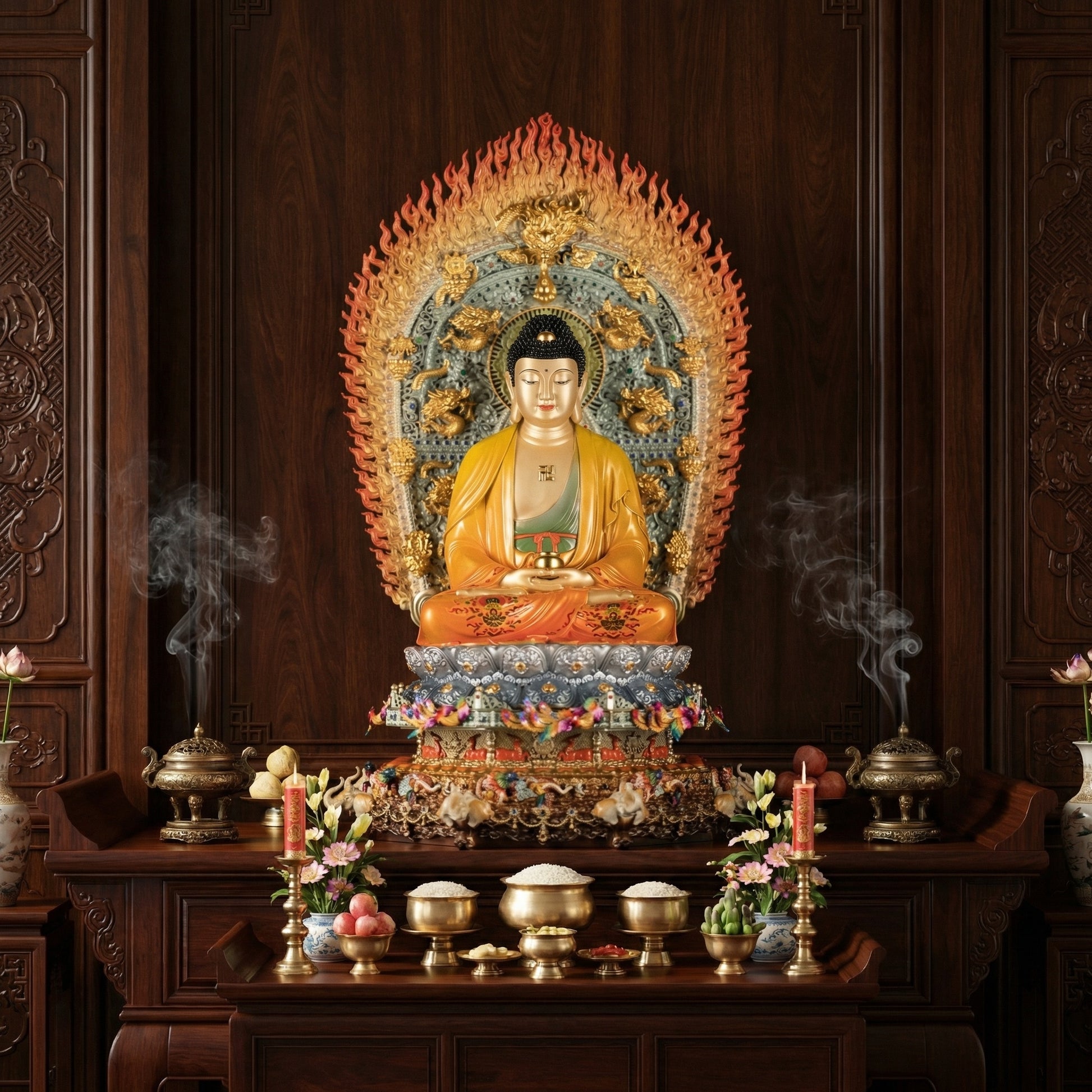 Patung Buddha Sakyamuni dipersembahkan di atas meja ibadah rumah tradisional