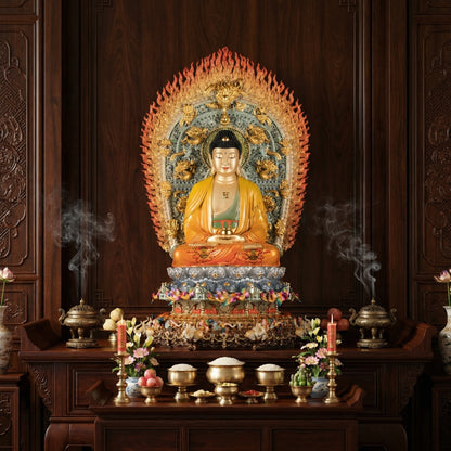 Patung Buddha Sakyamuni dipersembahkan di atas meja ibadah rumah tradisional