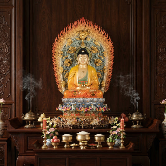 Patung Buddha Sakyamuni Tembaga Kuning Enamel, Latar Belakang Sembilan Naga, Tapak Gajah Lapan Bertuah, Hiasan Rumah Ibadah
