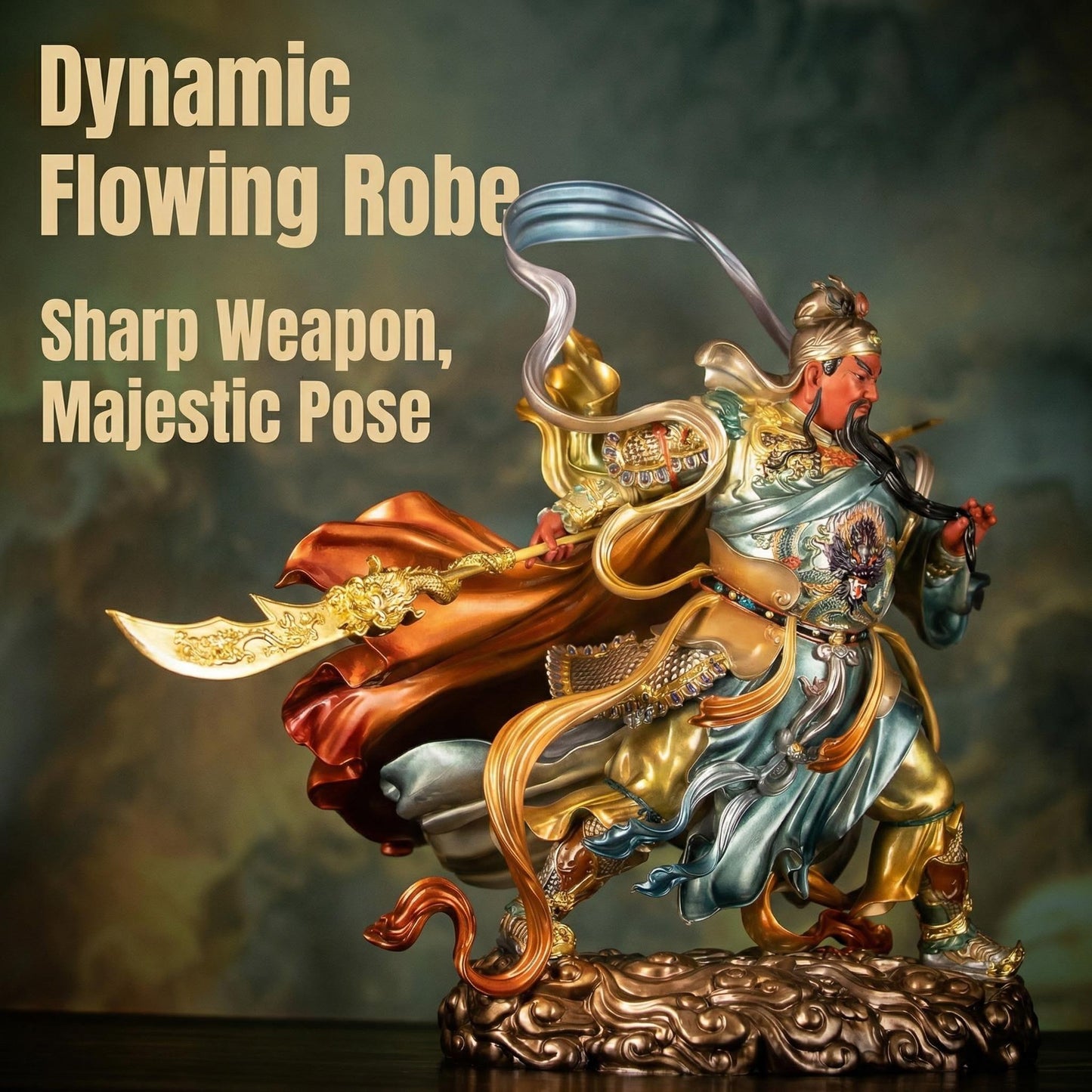 Dragon Crescent Blade Guan Yu Statue, dynamic pose