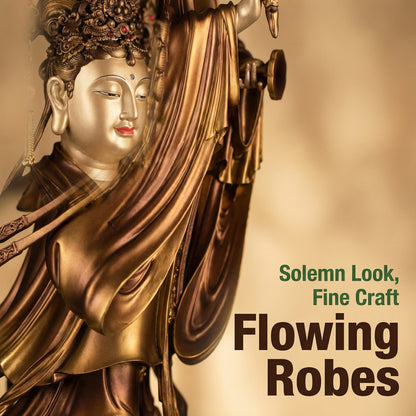 Detailed flowing robes on bronze deity statue, antique craftsmanship