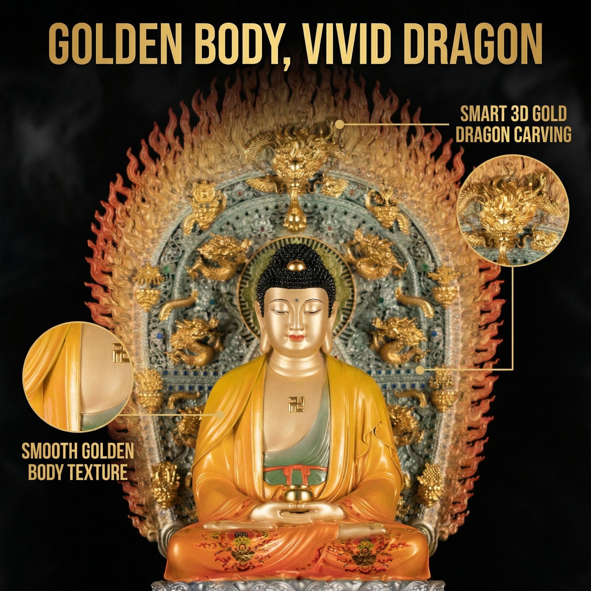 Latar belakang naga emas patung Buddha Sakyamuni, motif legenda sembilan naga