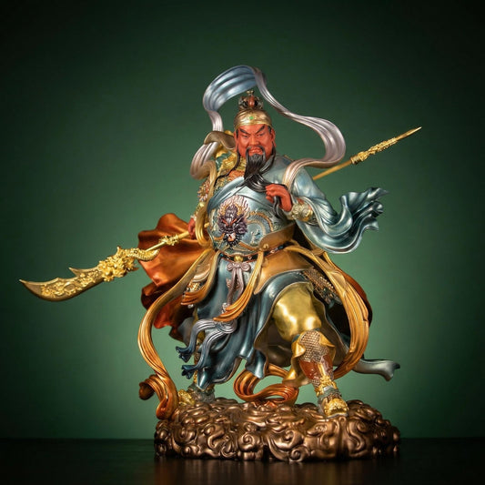 Guan Yu Bronze Statue - Blue-Gold Dragon Crescent Blade God of War Statue