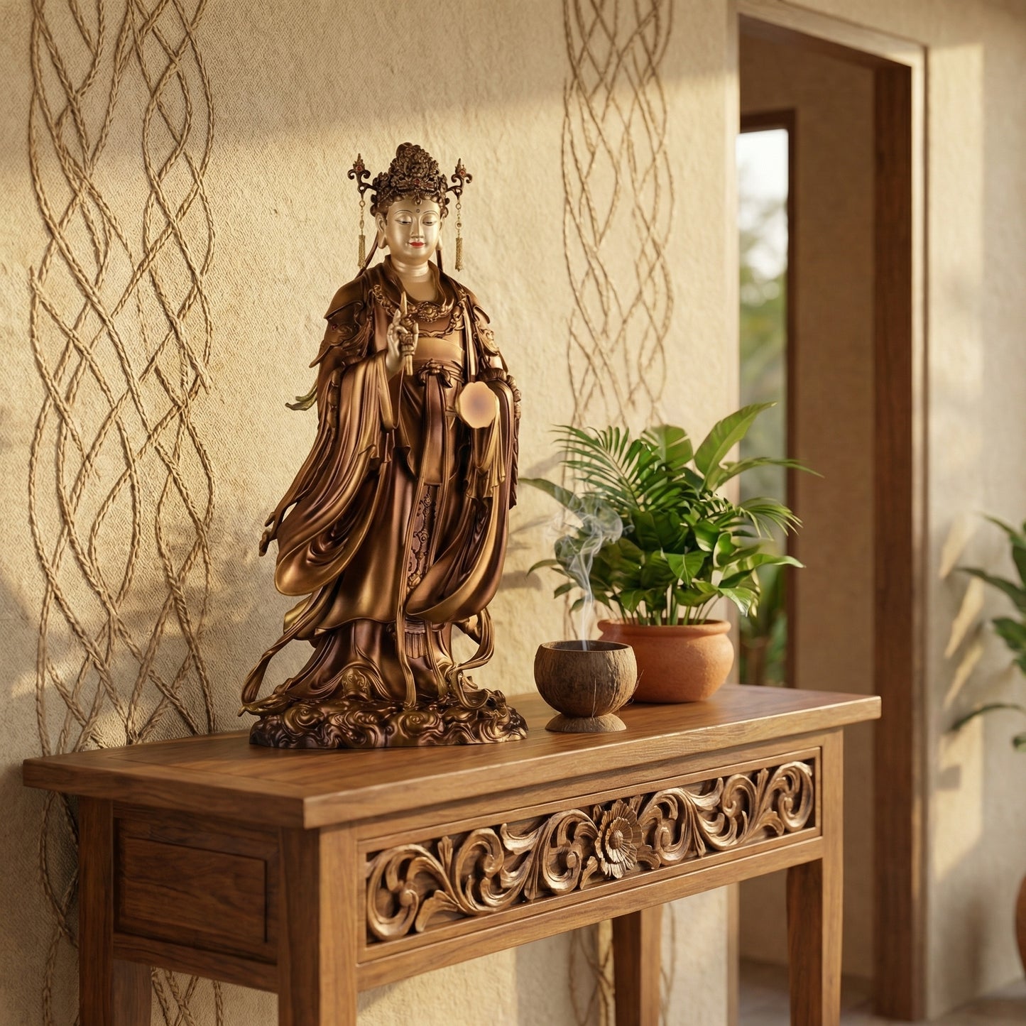 Side view of antique bronze deity statue, traditional home decor