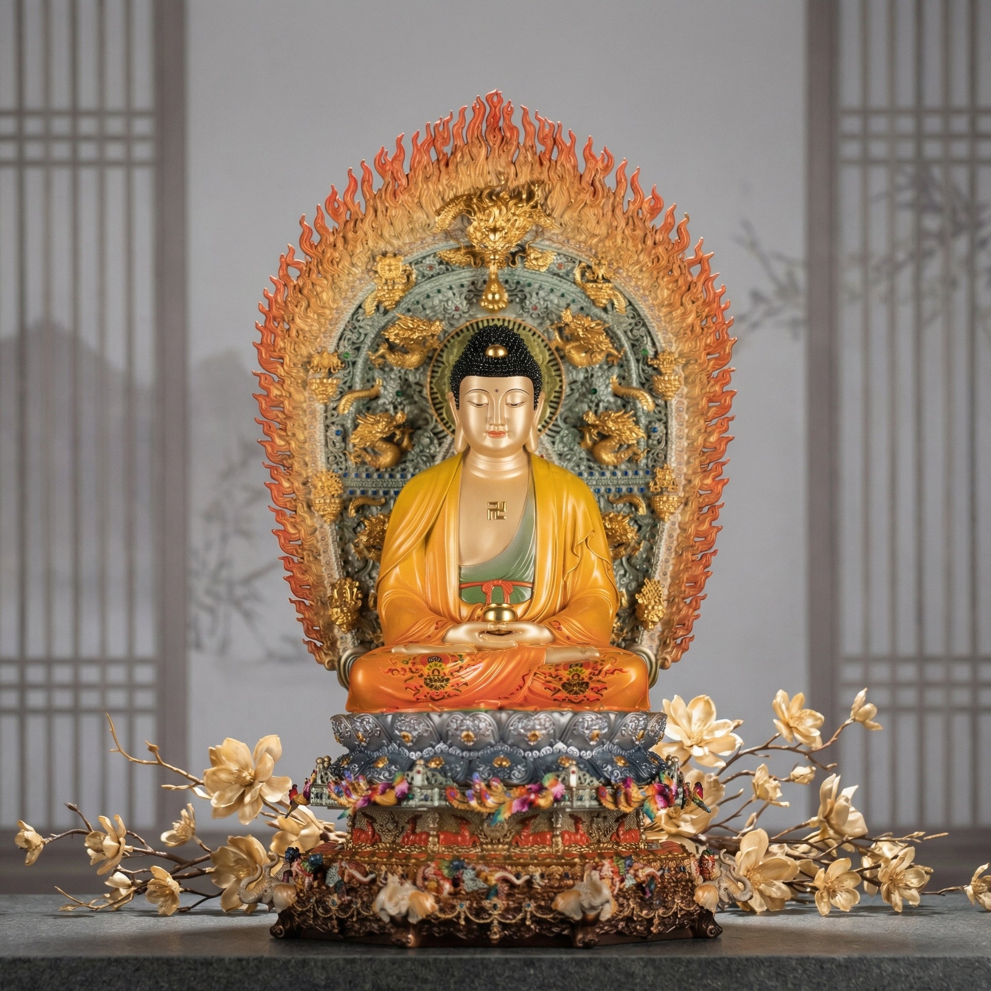 Patung Buddha Sakyamuni dengan latar naga dalam persekitaran ibadah lengkap