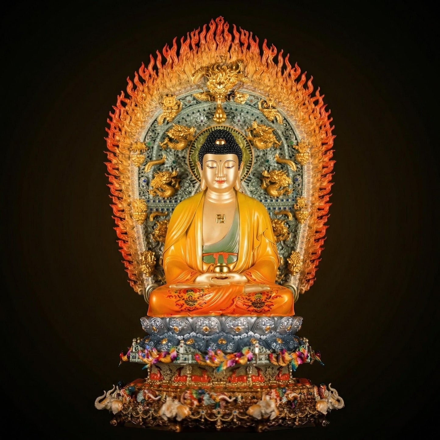 Patung Buddha Sakyamuni tembaga kuning enamel dengan latar sembilan naga