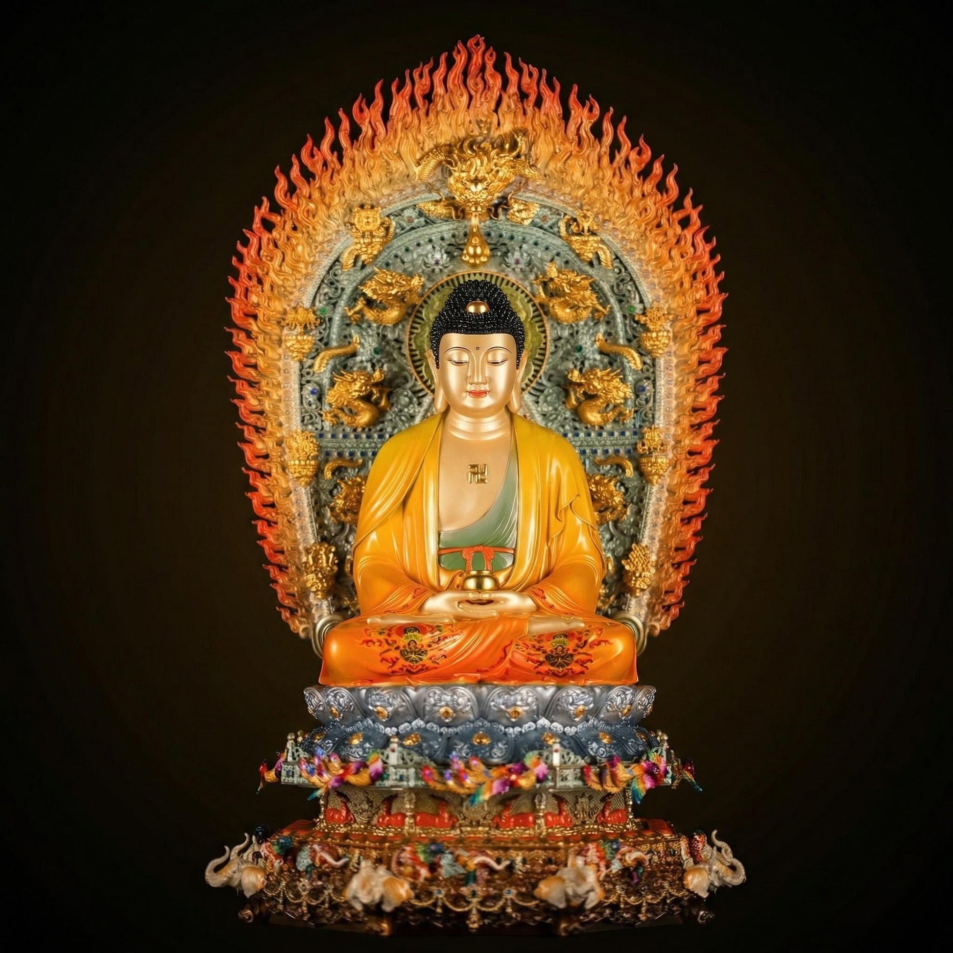 Patung Buddha Sakyamuni tembaga kuning enamel dengan latar sembilan naga