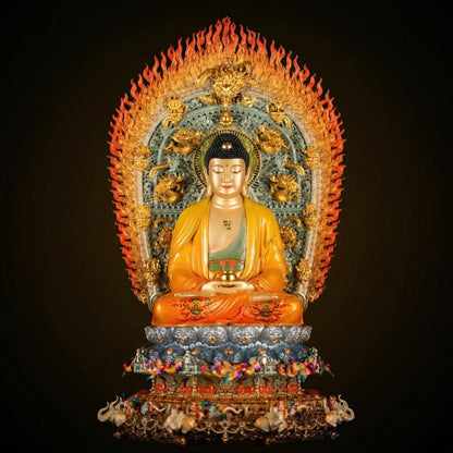 Patung Buddha Sakyamuni tembaga kuning enamel dengan latar sembilan naga
