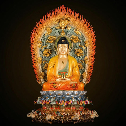 Patung Buddha Sakyamuni Tembaga Kuning Enamel, Latar Belakang Sembilan Naga, Tapak Gajah Lapan Bertuah, Hiasan Rumah Ibadah