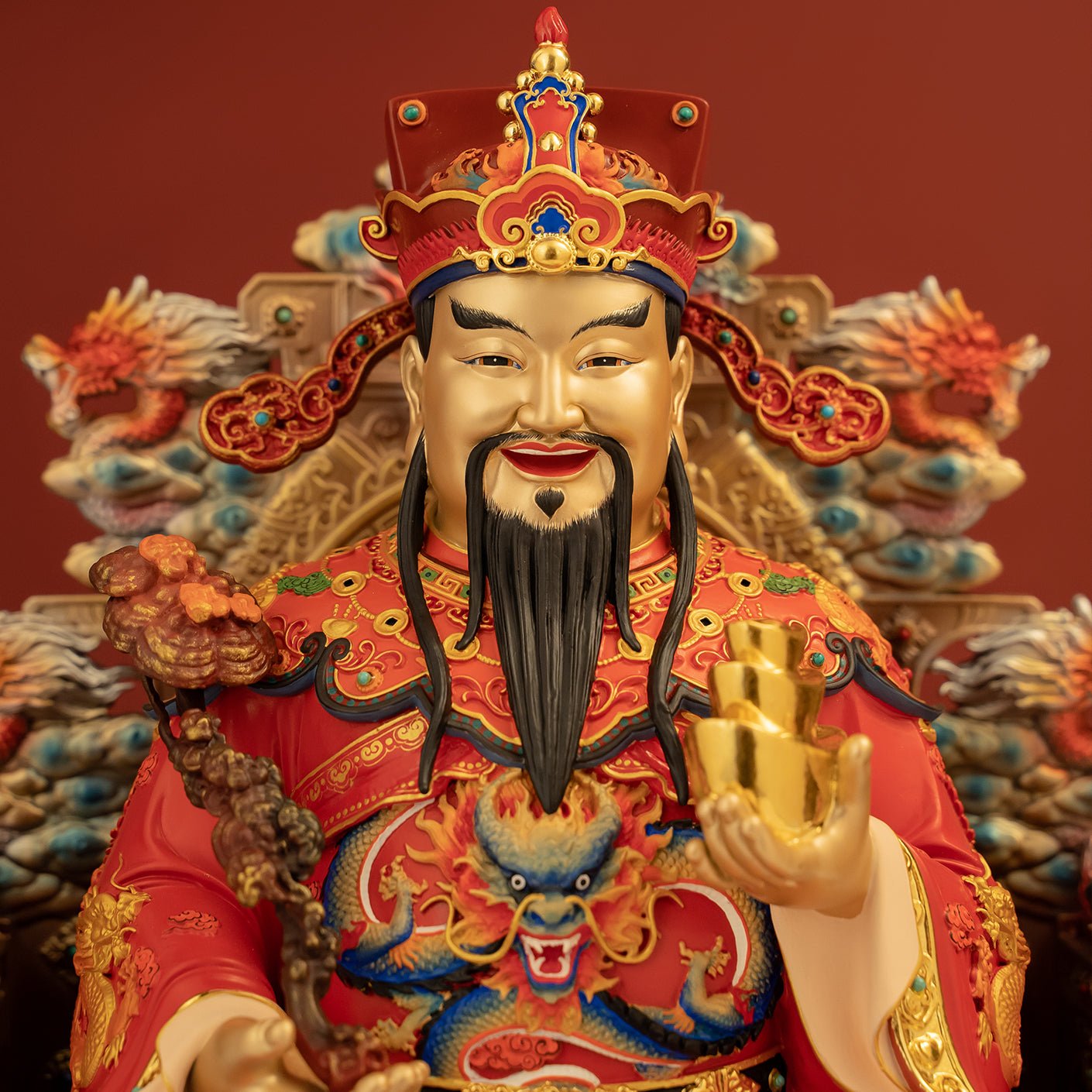 Close-up of Caishen God of Wealth Statue, Vibrant Enamel & Brass Craft