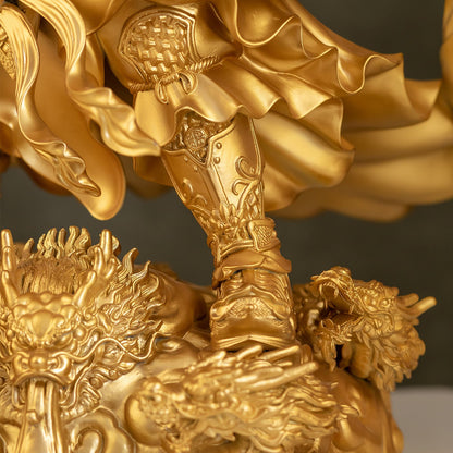 Guan Gong brass statue, intricate dragon patterns on robe