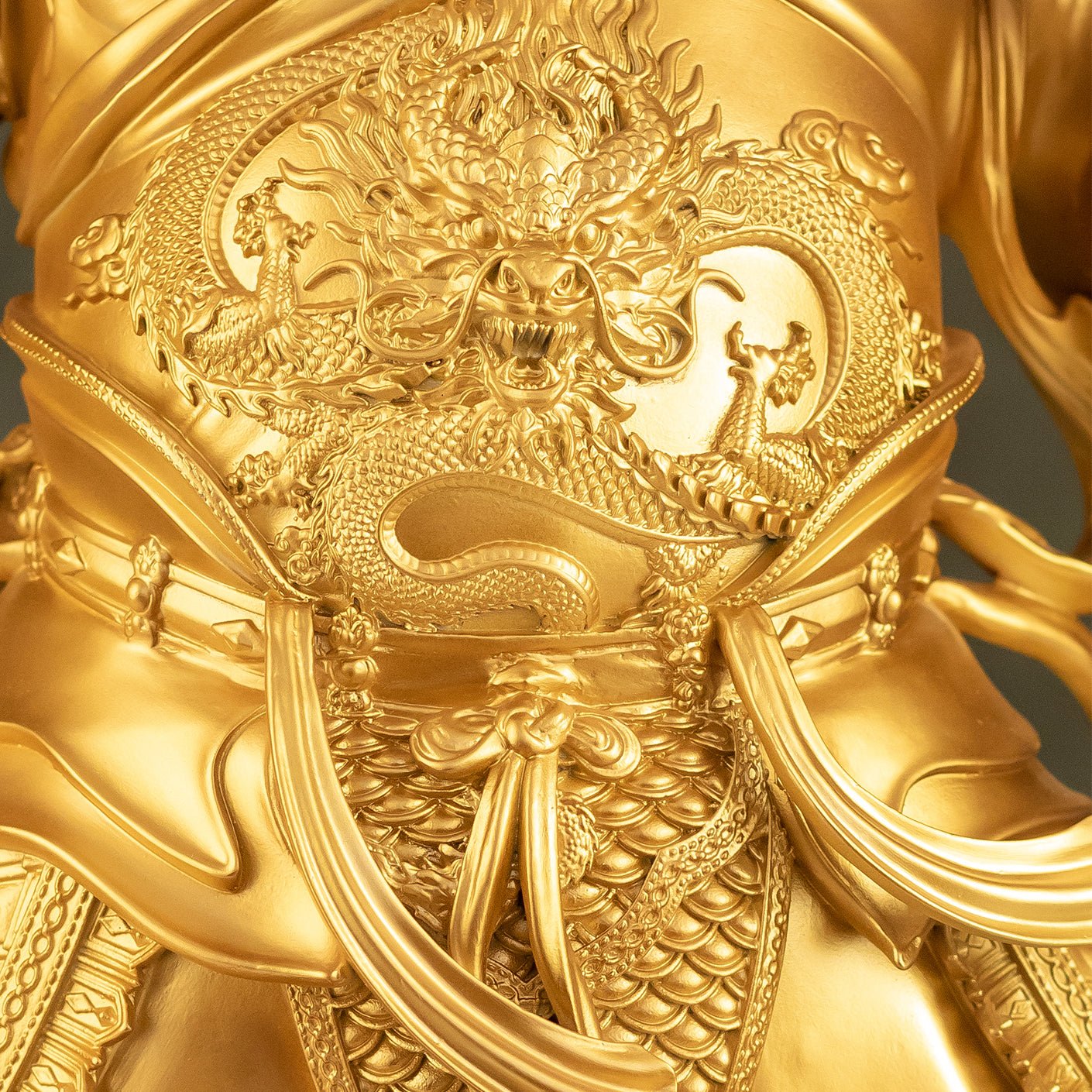 Enameled brass Guan Gong statue, detailed armor carvings