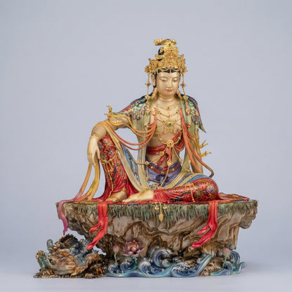 Brass Enamel Colored Water-Moon Guanyin (Shuiyue Guanyin) Statue