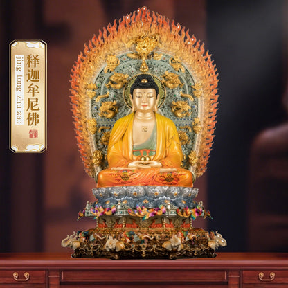 Handcrafted Shakyamuni Buddha statue with halo, enamel and brass finish